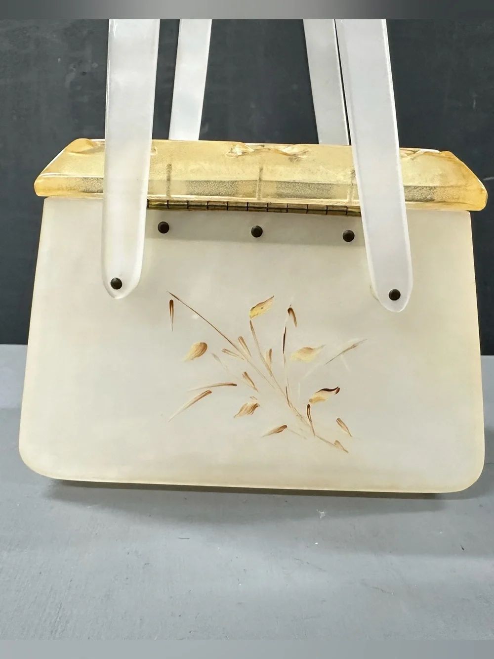 Vintage 40’s Bakelite Ivory Pearlized Box Purse with Gold Accent and Wheat Motif